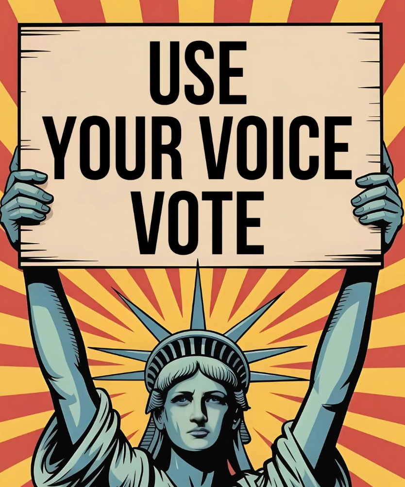 Illustration of the Statue of Liberty holding a sign that reads Use Your Voice, Vote